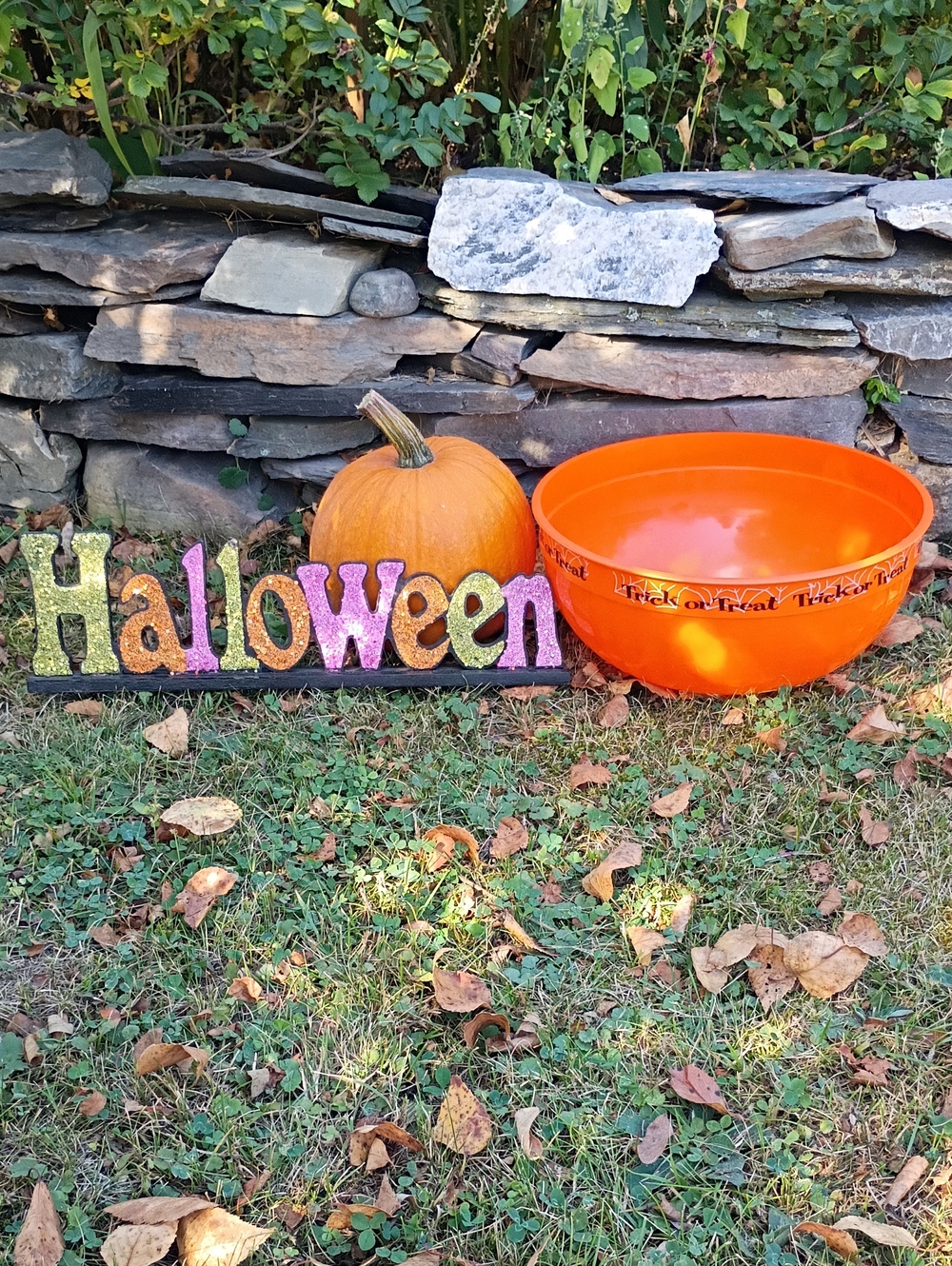 Halloween Orange Trick-or-Treat Candy Bowl with Glitter Sign